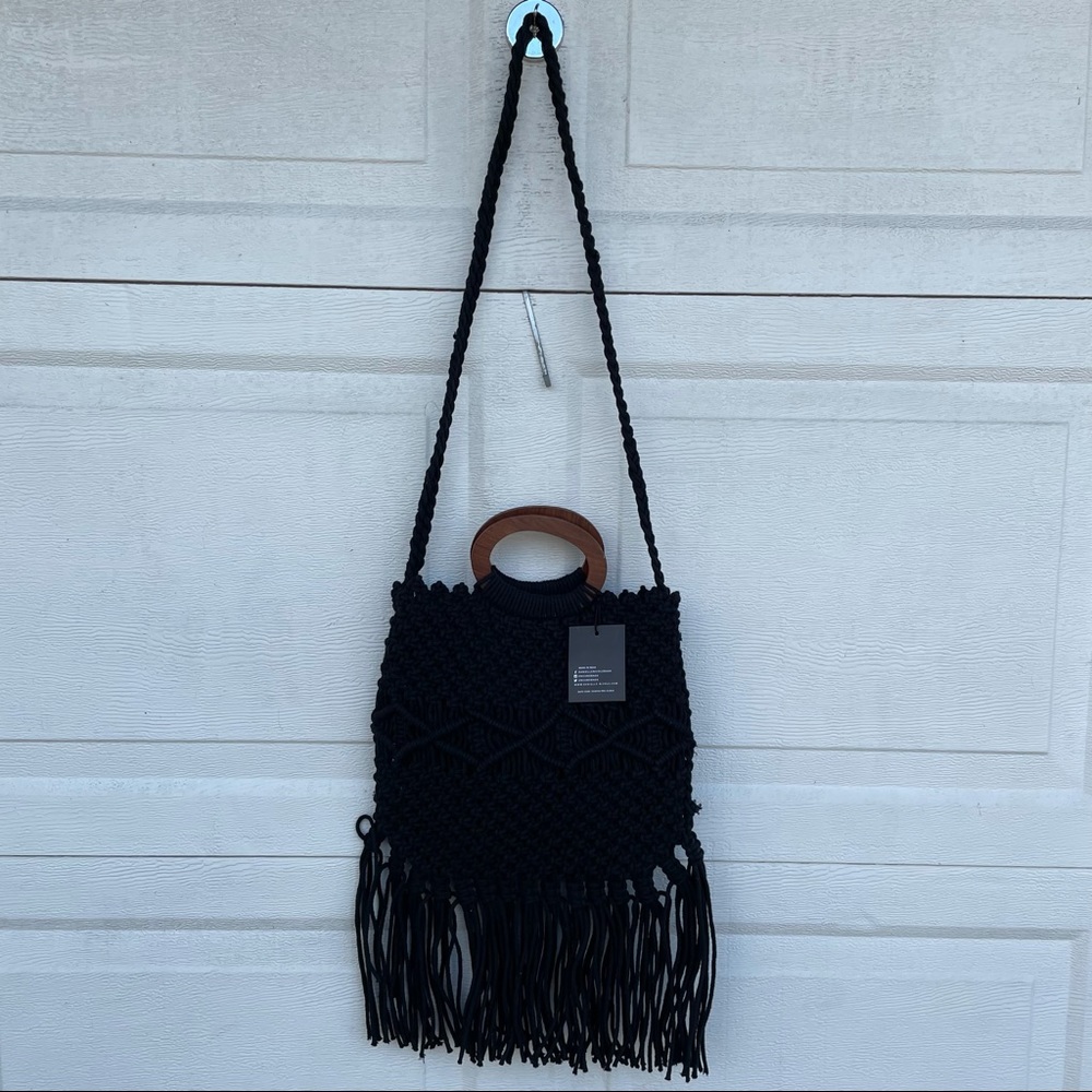 Nwt Danielle Nicole Macram Black Bag Fringe Boho - image 3